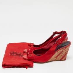 Pre Owned CH Carolina Herrera Red Suede Bow Cork Wedge Slingback Sandals Size 38