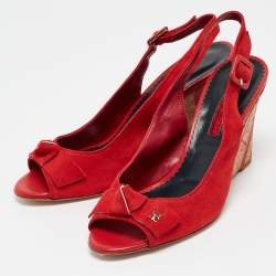 Pre Owned CH Carolina Herrera Red Suede Bow Cork Wedge Slingback Sandals Size 38