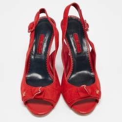 Pre Owned CH Carolina Herrera Red Suede Bow Cork Wedge Slingback Sandals Size 38