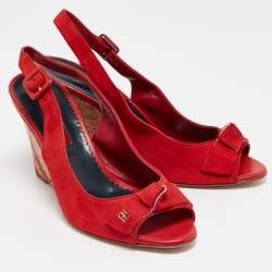 Pre Owned CH Carolina Herrera Red Suede Bow Cork Wedge Slingback Sandals Size 38