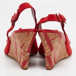 Pre Owned CH Carolina Herrera Red Suede Bow Cork Wedge Slingback Sandals Size 38