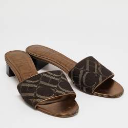 Pre Owned CH Carolina Herrera Metallic Leather and Canvas Logo Slide Sandals Size 38