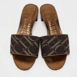 Pre Owned CH Carolina Herrera Metallic Leather and Canvas Logo Slide Sandals Size 38