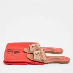 CH Carolina Herrera Brown Signature Canvas and Leather Lock Flat Slides Size 38