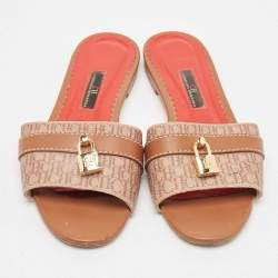 CH Carolina Herrera Brown Signature Canvas and Leather Lock Flat Slides Size 38