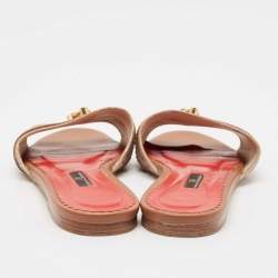 CH Carolina Herrera Brown Signature Canvas and Leather Lock Flat Slides Size 38