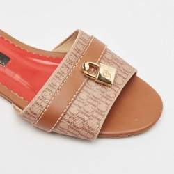 CH Carolina Herrera Brown Signature Canvas and Leather Lock Flat Slides Size 38