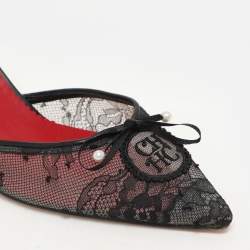Pre Owned CH Carolina Herrera Black Lace Pear Bow D'orsay Pointed Toe Pumps Size 38
