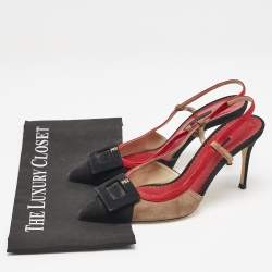 Pre Owned CH Carolina Herrera Black Multicolor Suede Slingback Pumps Size 38