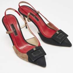 Pre Owned CH Carolina Herrera Black Multicolor Suede Slingback Pumps Size 38
