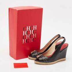 CH Carolina Herrera Black Leather Wedge Sandals Size 37