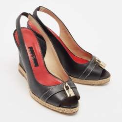 CH Carolina Herrera Black Leather Wedge Sandals Size 37