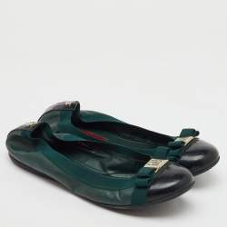 CH Carolina Herrera Green/Black Patent and Leather Bow Ballet Flats Size 37