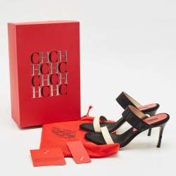 CH Carolina Herrera Black/White Fabric and Patent Leather Slide Sandals Size 38