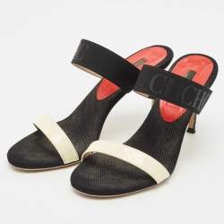 CH Carolina Herrera Black/White Fabric and Patent Leather Slide Sandals Size 38