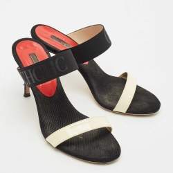 CH Carolina Herrera Black/White Fabric and Patent Leather Slide Sandals Size 38