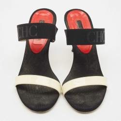 CH Carolina Herrera Black/White Fabric and Patent Leather Slide Sandals Size 38