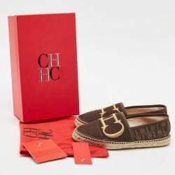 CH Carolina Herrera Dark Brown Canvas Logo Espadrille Flats Size 38