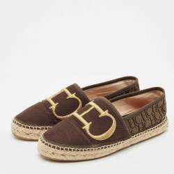 CH Carolina Herrera Dark Brown Canvas Logo Espadrille Flats Size 38