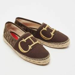 CH Carolina Herrera Dark Brown Canvas Logo Espadrille Flats Size 38