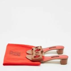 Pre Owned CH Carolina Herrera Brown Leather Initials Insignia Slide Sandals Size 39