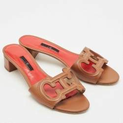 Pre Owned CH Carolina Herrera Brown Leather Initials Insignia Slide Sandals Size 39