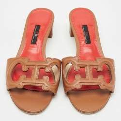 Pre Owned CH Carolina Herrera Brown Leather Initials Insignia Slide Sandals Size 39