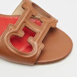Pre Owned CH Carolina Herrera Brown Leather Initials Insignia Slide Sandals Size 39