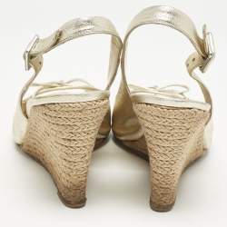 Pre Owned CH Carolina Herrera Metallic Leather Bow Peep Toe Espadrille Wedge Sandals Size 38