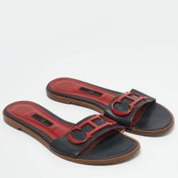 CH Carolina Herrera Navy Blue Leather Slide Sandals Size 39