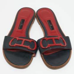 CH Carolina Herrera Navy Blue Leather Slide Sandals Size 39