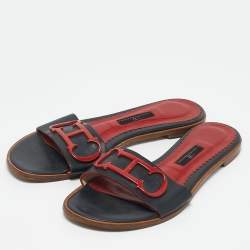 CH Carolina Herrera Navy Blue Leather Slide Sandals Size 39