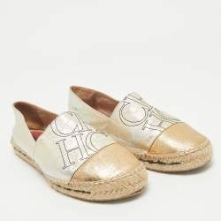 Pre Owned CH Carolina Herrera Silver/Gold Leather CH Logo Espadrille Flats Size 39