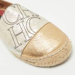 Pre Owned CH Carolina Herrera Silver/Gold Leather CH Logo Espadrille Flats Size 39
