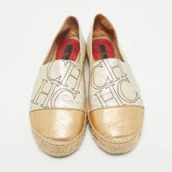Pre Owned CH Carolina Herrera Silver/Gold Leather CH Logo Espadrille Flats Size 39