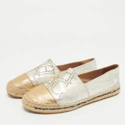 Pre Owned CH Carolina Herrera Silver/Gold Leather CH Logo Espadrille Flats Size 39
