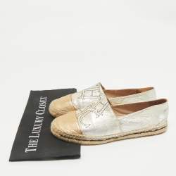 Pre Owned CH Carolina Herrera Silver/Gold Leather CH Logo Espadrille Flats Size 39