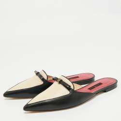 Pre Owned CH Carolina Herrera Black/Cream Leather Bow Detail Flat Mules Size 38