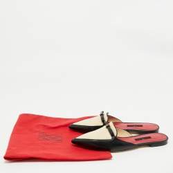 Pre Owned CH Carolina Herrera Black/Cream Leather Bow Detail Flat Mules Size 38