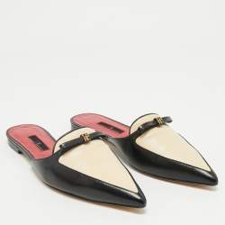 Pre Owned CH Carolina Herrera Black/Cream Leather Bow Detail Flat Mules Size 38