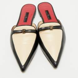 Pre Owned CH Carolina Herrera Black/Cream Leather Bow Detail Flat Mules Size 38
