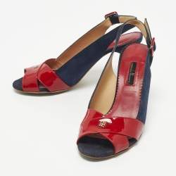 Pre Owned CH Carolina Herrera Navy Blue/Red Suede and Patent Leather Slingback Sandals Size 40