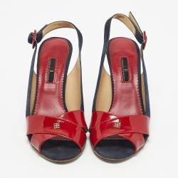 Pre Owned CH Carolina Herrera Navy Blue/Red Suede and Patent Leather Slingback Sandals Size 40