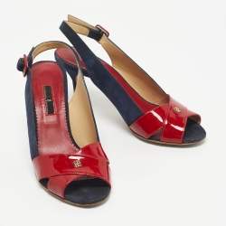 Pre Owned CH Carolina Herrera Navy Blue/Red Suede and Patent Leather Slingback Sandals Size 40