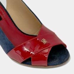Pre Owned CH Carolina Herrera Navy Blue/Red Suede and Patent Leather Slingback Sandals Size 40