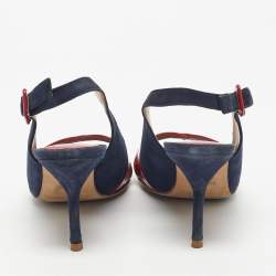 Pre Owned CH Carolina Herrera Navy Blue/Red Suede and Patent Leather Slingback Sandals Size 40