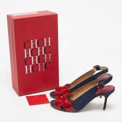 Pre Owned CH Carolina Herrera Navy Blue/Red Suede and Patent Leather Slingback Sandals Size 40