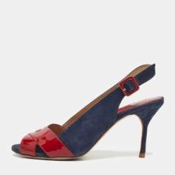 Pre Owned CH Carolina Herrera Navy Blue/Red Suede and Patent Leather Slingback Sandals Size 40