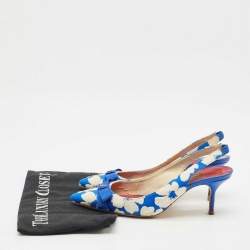 Pre Owned CH Carolina Herrera Blue/White Canvas Bow Slingback Pumps Size 37
