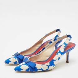 Pre Owned CH Carolina Herrera Blue/White Canvas Bow Slingback Pumps Size 37
